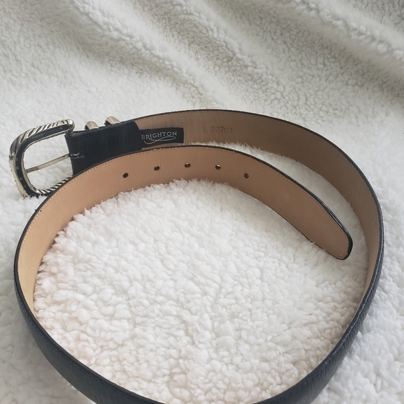 BRIGHTON Women's Black Leather Belt Silver and Gold Tone Buckle Scroll Work - Picture 4 of 14